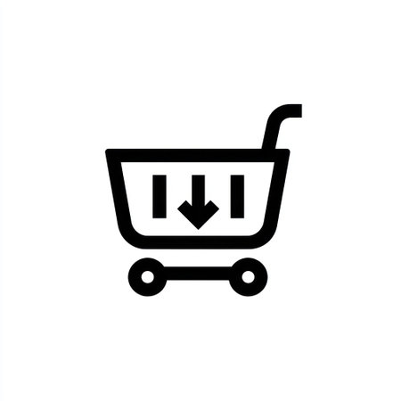A black shopping cart icon featuring a downward arrow in the center. The image showcases a minimalist style, with clean lines and a simple design. The composition is straightforward, emphasizing the cart. This visual is suitable for commercial applications related to online shopping, e-commerce, and digital marketing materials.の素材