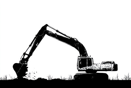 An excavator is depicted in silhouette, actively digging and moving soil. The image presents stark contrast with its black and white color scheme. The composition emphasizes the machine's structure, hinting at industrial processes. Suitable for design, illustrating construction, or conveying concepts of development.の素材