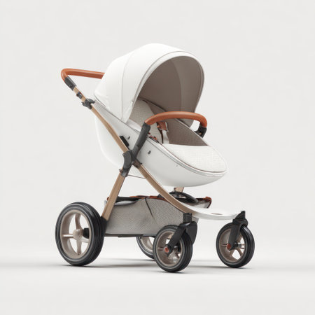 A contemporary stroller featuring a white canopy and seat with a wooden handle. The composition showcases the stroller from a side view, emphasizing its curved lines and wheel design. Rendered with clean lighting, the image suggests a neutral, modern setting suitable for various product presentations and marketing campaigns.の素材