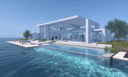 A contemporary mansion with a swimming pool is featured, showcasing geometric architectural design. The image emphasizes the building's lines and glass elements reflecting natural light. The environment includes water, a clear blue sky, and surrounding greenery, suggesting potential use for real estate or lifestyle visualizations.の素材