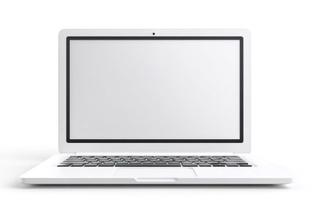 A modern white laptop featuring a bright, blank screen sits isolated against a clean white backdrop. The device showcases a minimalist design with a visible keyboard. This image emphasizes technology and copy space, offering potential uses in advertising, website design, or other creative projects. The lighting is bright and even, highlighting the laptop's features.の素材