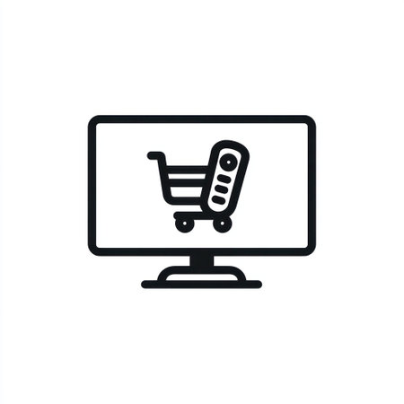 An isolated vector illustration showcases a computer monitor displaying an online shopping cart icon. The composition uses a flat design style with bold black lines against a white background. This image is suitable for digital platforms and may be used in various commercial applications promoting e-commerce.の素材