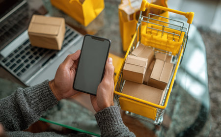 A person holds a smartphone, close to a laptop and a small shopping cart filled with parcels. The scene uses warm tones, suggesting a well-lit indoor environment. This image could be used for advertising, e-commerce, or to illustrate online shopping and delivery services.の素材