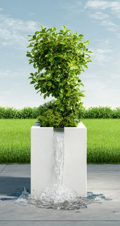 A contemporary image features a white concrete water fountain with a lush green bush on top. Water cascades down the side, creating a refreshing visual. The composition shows the fountain in an outdoor setting with a manicured lawn in the background. It is suitable for commercial and editorial purposes.の素材