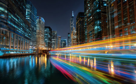 This image showcases a nighttime cityscape featuring tall buildings with bright lights reflecting on the water. The composition highlights geometric structures and illuminated streaks, suggesting movement. The scene is bathed in a cool color palette, offering potential for commercial and editorial applications, possibly related to urban planning or design.の素材