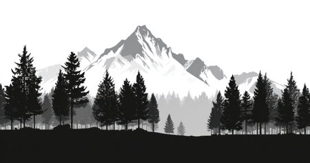 This monochromatic artwork showcases a mountain range with snowy peaks, set against a bright backdrop. The foreground is filled with the silhouette of trees. The style is minimalist, using contrasting shades of gray and white to create depth. This image is suitable for various commercial purposes, including website design and print media.の素材