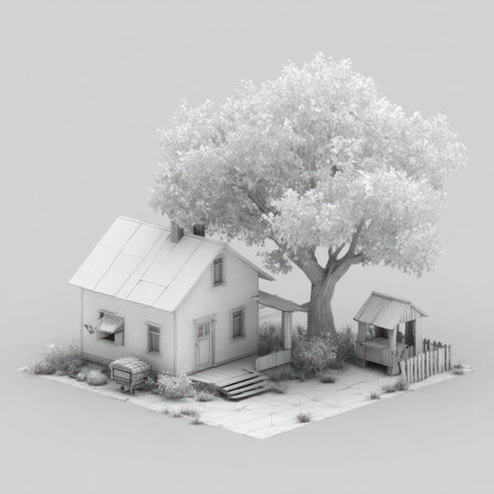 A grayscale illustration presents a house, tree, and small outbuilding. The composition features high contrast and soft lighting. The scene suggests a rural setting with possible commercial applications. The artwork is devoid of color, creating a stark but pleasing visual impact, potentially ideal for various design projects.の素材