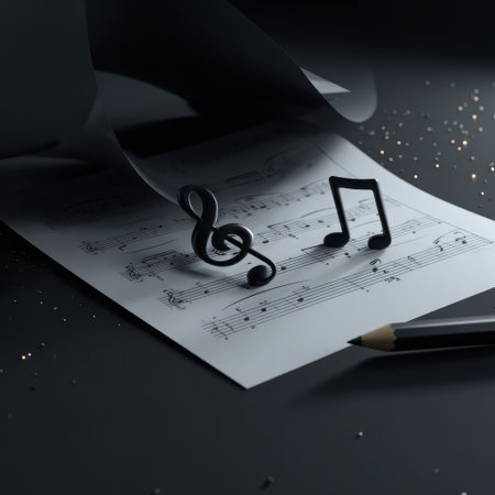 A dark, digitally rendered image showcases a treble clef and musical note casting shadows on sheet music. The composition utilizes a low-key lighting scheme, emphasizing textures and forms. The visual suggests creativity and entertainment. Suitable for various media, this image could serve as a concept for design.の素材