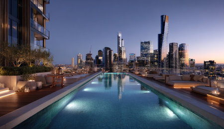 A rooftop pool dominates the foreground, reflecting the illuminated city skyline at dusk. Buildings tower in the distance, suggesting an urban environment. The composition features clean lines and a modern aesthetic, with a cool color palette. Suitable for various commercial applications, emphasizing urban lifestyle.の素材