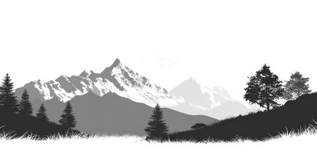 A grayscale illustration depicts a mountain range with snowy peaks, alongside a grassy foreground and silhouetted evergreen trees. The composition utilizes simple shapes and shadows, creating a minimalist effect. The artwork is suitable for use in design projects, illustrating concepts of nature, travel, or environmental themes.の素材