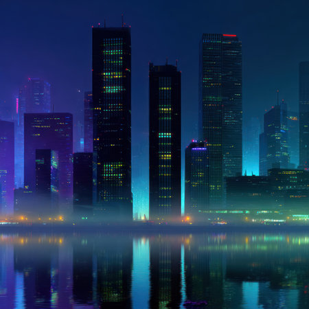 A nighttime cityscape presents tall buildings illuminated by bright lights. Reflections shimmer on the tranquil water below a dark blue sky. The scene showcases a modern architectural style with various colors and lighting. This image is suitable for commercial and editorial purposes.の素材