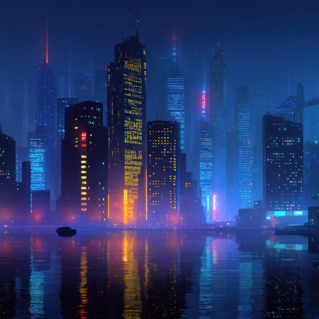 A digital illustration presents a nighttime cityscape featuring numerous tall buildings illuminated in various colors. Reflections of the structures and lights dance on the water's surface. The composition utilizes a low-angle perspective. Suitable for commercial applications such as website backgrounds or print media.の素材