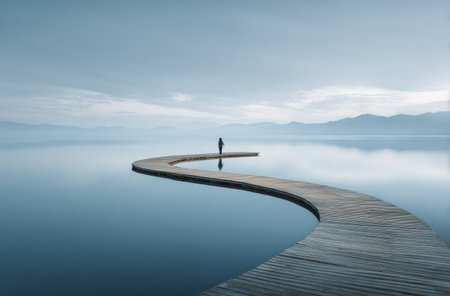 A solitary figure stands at the end of a wooden pier extending over a still body of water. The composition highlights a minimalist design with a curved walkway. Cool tones dominate the scene, enhancing a sense of tranquility. Ideal for illustrating concepts of solitude or journeying, suitable for editorial and commercial applications.の素材
