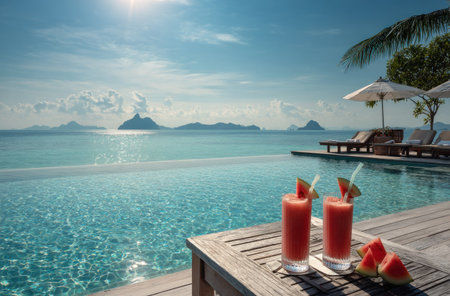Two vibrant red beverages with watermelon slices are placed on a wooden surface beside an infinity pool. The scene is bathed in bright sunlight, with clear blue skies above and a tranquil ocean in the background. The composition suggests relaxation and leisure, suitable for various lifestyle or travel related content.の素材