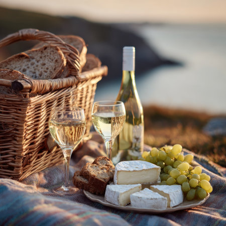A picturesque picnic arrangement showcases a wicker basket filled with bread, alongside a wine bottle, glasses, cheese, and grapes. The soft lighting emphasizes the textures of the food and the serene outdoor setting. This image is suitable for various commercial uses, including advertising and editorial content related to leisure and food.の素材