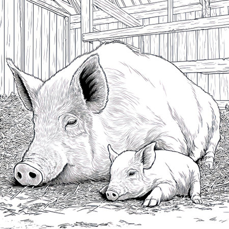A detailed black and white illustration depicts a large pig and a smaller piglet. The image showcases the animals on a bed of hay inside a wooden barn. The composition focuses on texture and contrast, suitable for various editorial and commercial applications. The scene evokes a feeling of peace and contentment.の素材