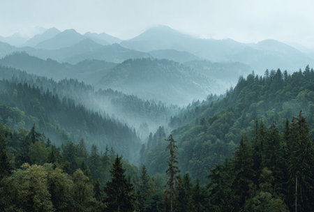A tranquil landscape depicts a series of rolling mountain peaks blanketed in mist, showcasing evergreen forests. The scene is dominated by shades of green and blue, the natural lighting creates a soft atmosphere. This image is suited for a variety of projects, including travel promotions and nature-themed content.の素材