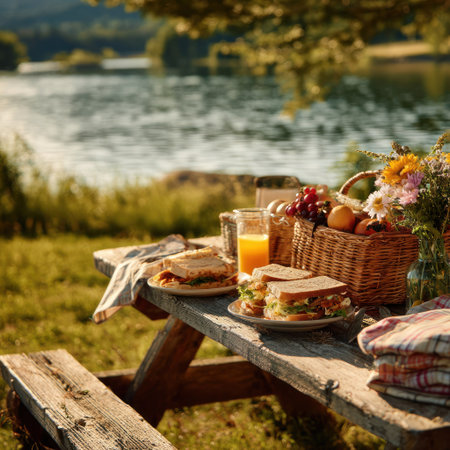 A picnic table is set with sandwiches, fruit, juice, and flowers. The scene is bathed in natural light, showcasing textures like wood and woven baskets. The composition includes a body of water and lush greenery in the background, implying an outdoor setting. This image is suitable for illustrating leisure, food, or lifestyle themes.の素材