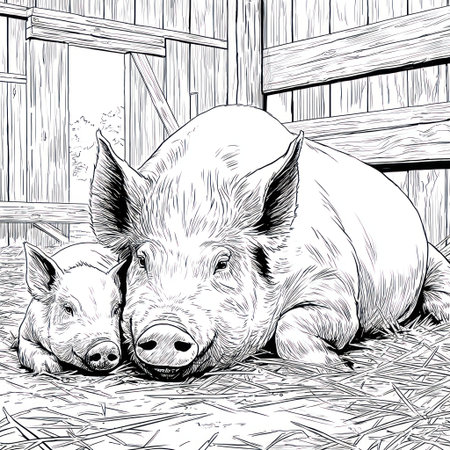 An illustration depicts a large pig and a smaller piglet resting together inside a wooden barn. The image is rendered in black and white with detailed linework, creating a textured appearance. The composition suggests a farm environment, potentially suitable for editorial or illustrative purposes.の素材