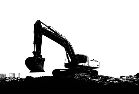 A stark black and white image depicts an excavator on a construction site. The machine is silhouetted against a bright white backdrop. The composition highlights the form and function of the machinery. This image can be used for projects related to construction, engineering, and infrastructure.の素材