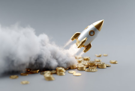 A gold-and-white rocket blasts off from a pile of gold coins, creating a cloud of smoke against a gray backdrop. The image features a studio-style composition, with detailed textures and lighting. The concept suggests ideas of wealth creation, financial progress, and future endeavors, suitable for promotional material.の素材