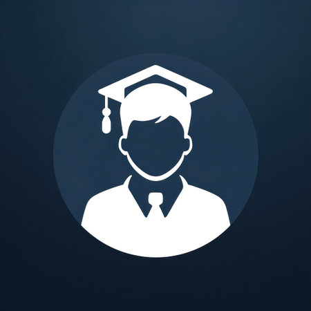 This image features a simplified, white silhouette of a person wearing a graduation cap and gown, set against a dark blue circular backdrop. The design has a clean, minimalist style. It could be useful for educational presentations, websites, or promotional material related to academic achievements. The composition emphasizes simplicity and clarity.の素材