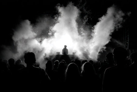 A dark, atmospheric scene features a silhouetted figure standing on a stage, enveloped in smoke. The black and white composition highlights the contrast between light and shadow, with a large crowd in the foreground. This image could be used in various commercial or editorial contexts to evoke mystery and drama.の素材