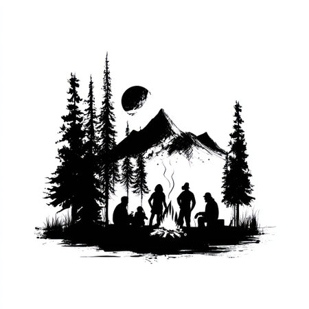 A striking silhouette captures people gathered around a campfire. The composition features mountains, trees, and a full moon, all rendered in bold black against a white background. This stark contrast suggests a nocturnal or twilight setting, lending itself to designs for outdoor themes, travel, or editorial illustrations.の素材