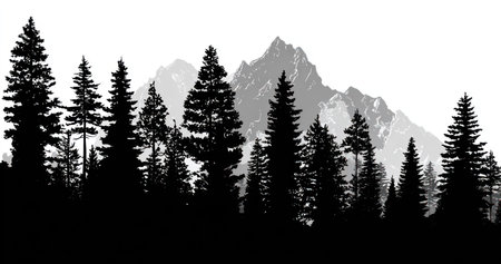 This image presents a silhouette of a forest and mountains. The composition features tall trees in the foreground with a mountain range in the background. The black and white style and sharp contrast create a strong visual impact. This graphic could be used in various commercial or editorial projects needing a nature theme.の素材