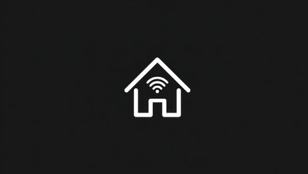 An illustration features a simplified house icon with a wireless signal symbol inside. The design is presented in bright white against a deep black backdrop. The composition suggests connectivity and smart home technology, suitable for digital interfaces and commercial projects. This design may be used in various commercial and editorial applications.の素材