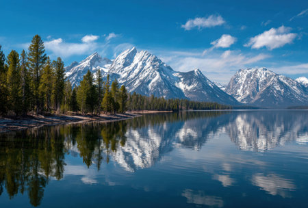 A scenic landscape showcases snow-covered mountain peaks reflected in calm water. The composition highlights a clear, blue sky dotted with fluffy clouds. Surrounding elements include trees and shoreline, bathed in natural light. This imagery is suitable for environmental, travel, or nature-focused visual projects.の素材