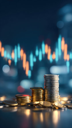 Image features stacks of coins in varying sizes set before a blurred financial chart. The composition utilizes warm and cool tones, highlighting the reflective surfaces of the coins. The lighting is soft, suggesting a nighttime or indoor setting. Suitable for illustrating financial concepts and economic trends, and can be used for commercial and editorial purposes.の素材