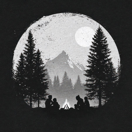 This monochromatic artwork depicts a campfire scene with figures gathered around a fire in front of mountains and trees. The image utilizes a simple yet effective composition featuring a full moon. The illustration employs high contrast between light and dark elements. It could be used for various commercial or editorial projects, such as illustrations.の素材