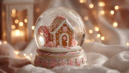 A snow globe features a miniature gingerbread house with candy canes and decorative frosting. The soft lighting and blurred background create a warm and inviting atmosphere, highlighting the delicate details. This image is suitable for holiday-themed projects, greeting cards, or advertising materials.の素材