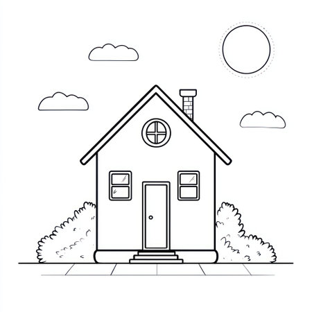 A minimalist black and white drawing depicts a house, featuring a chimney, windows, and a front door. Fluffy clouds and a circular sun are also present. The composition uses basic shapes and lines, suggesting an outdoor environment. Suitable for various design applications, including educational materials and editorial content.の素材