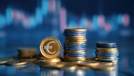 This image features stacks of Euro coins, potentially representing financial concepts. The coins showcase a metallic appearance, set against a blurred background with what appears to be data charts. The composition suggests financial transactions and economic themes, suitable for various editorial and commercial applications.の素材