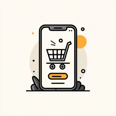 An illustration features a smartphone with a shopping cart icon on its screen. The artwork employs a minimalist style with clean lines and flat colors. The composition includes black outlines and a light background, suggesting a digital environment. Suitable for various commercial and editorial applications related to shopping and technology.の素材