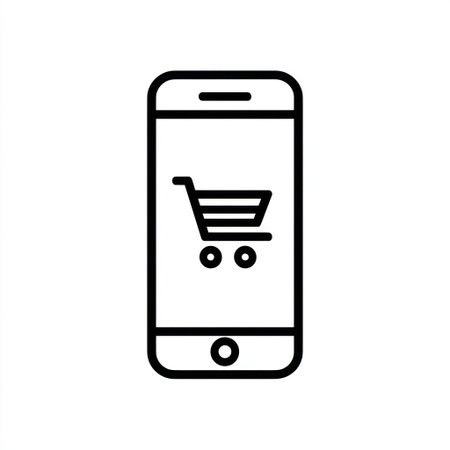 An illustrated smartphone displays a shopping cart icon, rendered in a simple, minimalist style with black lines. The composition emphasizes the device and the cart, suggesting online commerce. This imagery could be utilized for various commercial and editorial purposes related to mobile shopping, applications, or digital transactions.の素材