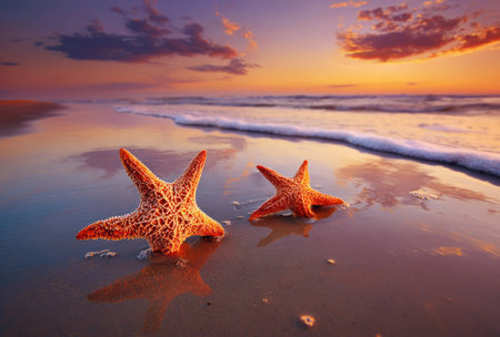 Two starfish rest on a wet sandy beach, illuminated by the warm light of a sunset. The image features a shallow depth of field, with soft reflections and the gentle ripple of waves. The color palette includes vibrant oranges, blues, and purples, suggesting a serene coastal setting ideal for various commercial and editorial projects.の素材