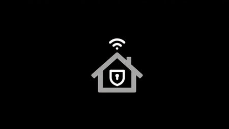 An illustration depicts a house with a shield and wifi symbol, suggesting home security. The graphic features a simple design in shades of gray against a black background. Suitable for conceptual applications, this image is ideal for use in technology and safety-related content.の素材