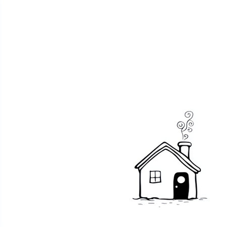 A whimsical illustration features a small house with smoke curling from its chimney. The graphic style is simple, using black lines against a white backdrop. The composition is straightforward with an open area, suggesting a focus on the central subject. This image may be suitable for various design projects and editorial content.の素材
