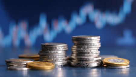 Stacks of coins are presented in the foreground against a blurred background of a financial chart. The composition utilizes shallow depth of field, emphasizing the metallic texture of the coins. The lighting is soft, suggesting an indoor setting. This image may be suitable for illustrating financial concepts.の素材
