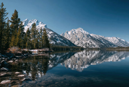 A serene landscape presents snow-covered mountain peaks mirrored in a still lake. Evergreen trees line the shore, contrasting with the bright blue sky. The composition showcases natural textures and light, potentially suitable for travel articles, environmental campaigns, and various commercial projects.の素材