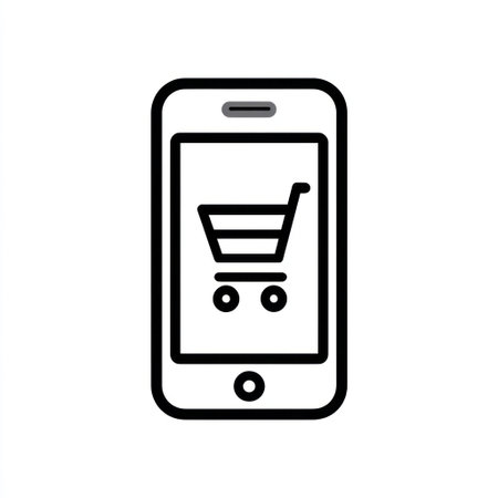 An illustrated smartphone displays a shopping cart icon, rendered in simple black lines against a white background. The composition features a clean, uncluttered style. Suitable for representing e-commerce, mobile applications, or digital retail concepts. The image can be used in various commercial or editorial contexts.の素材