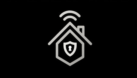 An illustrated logo depicts a house silhouette with a shield, lock, and wireless signal symbol. The design features a modern, clean aesthetic with a monochromatic color scheme against a dark background. This image is suitable for digital media, presentations, and applications related to home security or technology.の素材