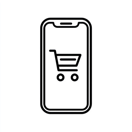 An illustrated smartphone shows a shopping cart symbol on its screen. The graphic is executed in a minimalist style with black lines and filled shapes on a white backdrop. The composition is straightforward, employing a direct overhead lighting style. This image may be used in commercial contexts for digital or online shopping concepts.の素材