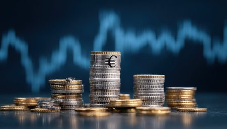 The image features stacks of Euro currency coins, with a prominent focus on the symbols. A blurred financial graph in the background suggests economic themes. The composition uses shallow depth of field, bringing the coins to the foreground. Ideal for illustrating financial growth, investment, and market analysis in various commercial applications.の素材