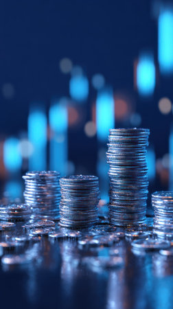 Several stacks of coins are arranged, conveying concepts of finance and wealth. The image highlights the metallic texture with a shallow depth of field, set against a blurred background resembling a rising graph. The overall lighting provides a cool color palette that could be useful for commercial and editorial applications.の素材
