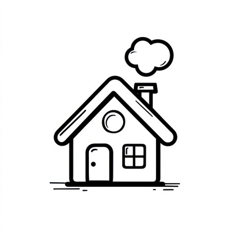 A minimalist line art illustration presents a house with a chimney and smoke emitting. The monochrome style creates a clean design, featuring a gabled roof, door, and window. The composition utilizes a clear outline against a white backdrop, suitable for various applications, including design projects.の素材