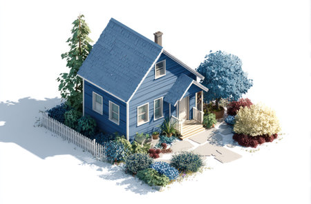 A detailed illustration depicts a small blue house with a matching roof, surrounded by trees and a garden. The scene utilizes a clean, overhead composition and soft, natural lighting. Suitable for use in real estate projects, architectural visualizations, or illustrating concepts of home ownership.の素材